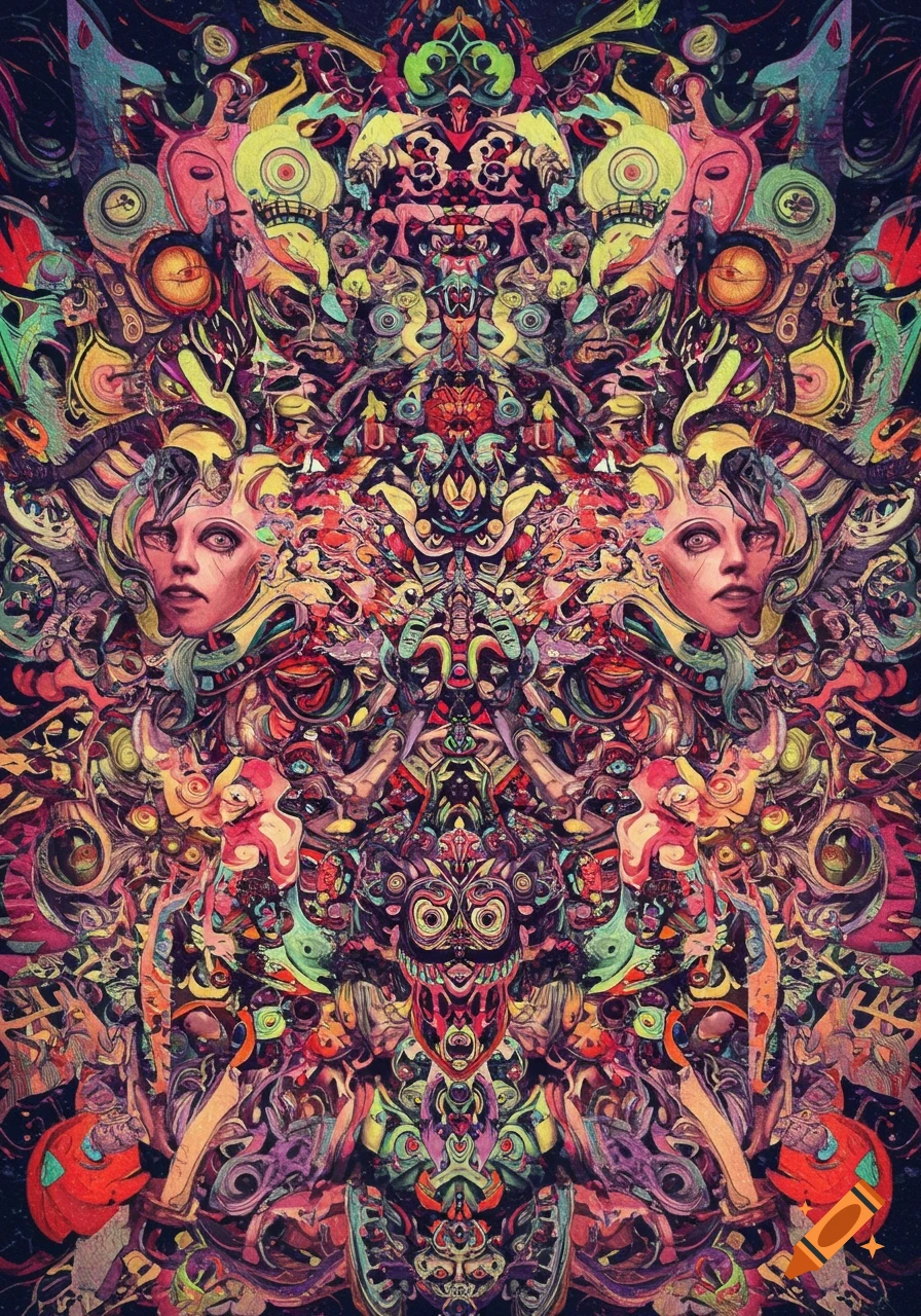 A symmetrical, highly detailed abstract artwork with vibrant colors, featuring distorted faces and intricate, flowing patterns in a psychedelic style.