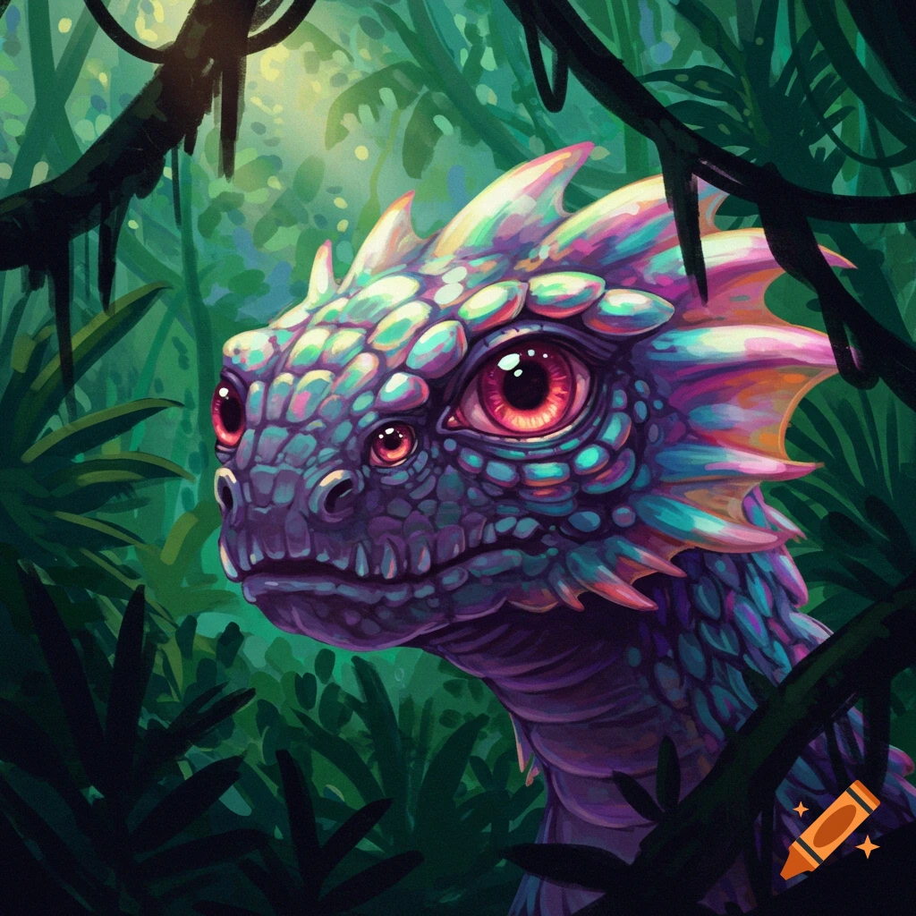 A close-up, vibrant illustration of a fantastical blue and purple reptile creature with multiple red eyes, peeking through lush green jungle foliage.