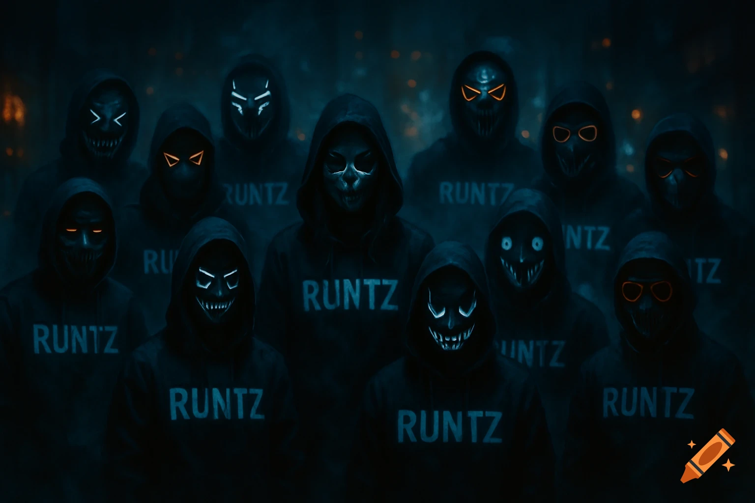 A dark, moody image of several masked figures in black hoodies, with glowing eyes and mouths on their masks. The word "RUNTZ" is visible on their hoodies.