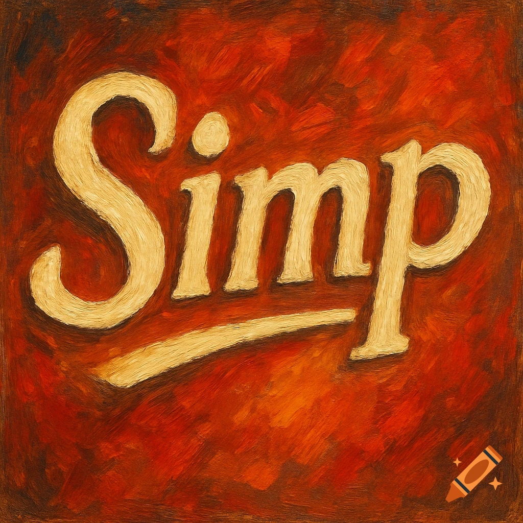 The word 'Simp' in bold, creamy letters on a textured red and orange painterly background.