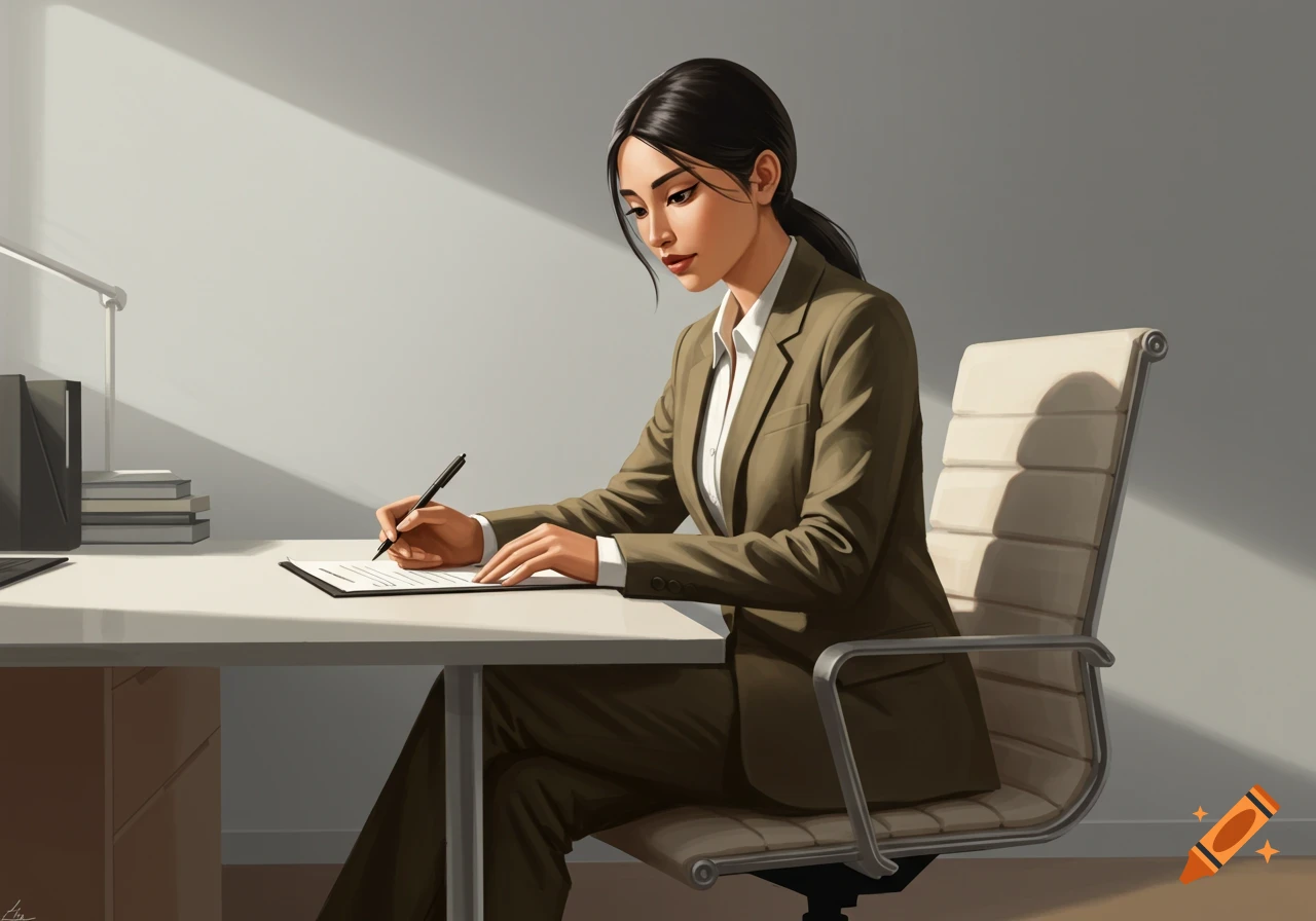 A professional woman in a suit writes at an office desk, bathed in sunlight.