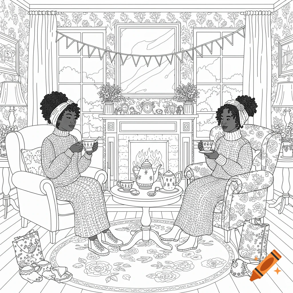 Two Black women sit in armchairs drinking tea in a cozy, detailed living room, in a black and white coloring page style.