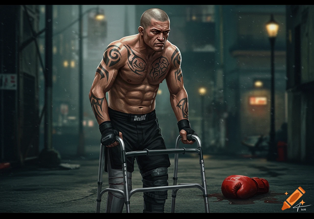 A heavily tattooed, muscular MMA fighter uses a walker in a dimly lit, rainy urban alley, with a bloody boxing glove on the ground.