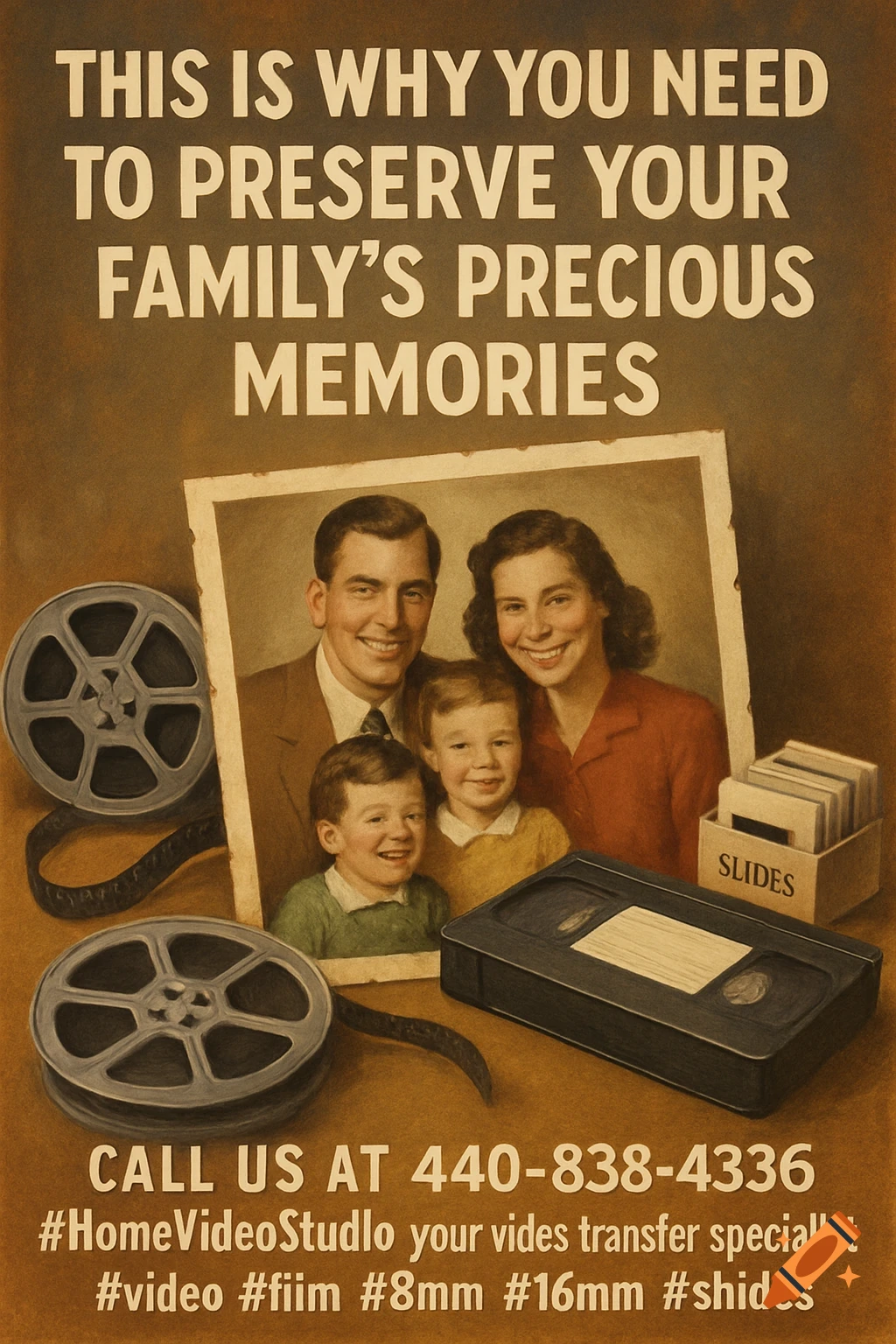 A vintage-style poster advertises preserving family memories, featuring an old family photo, film reels, a VHS tape, and a slide box.