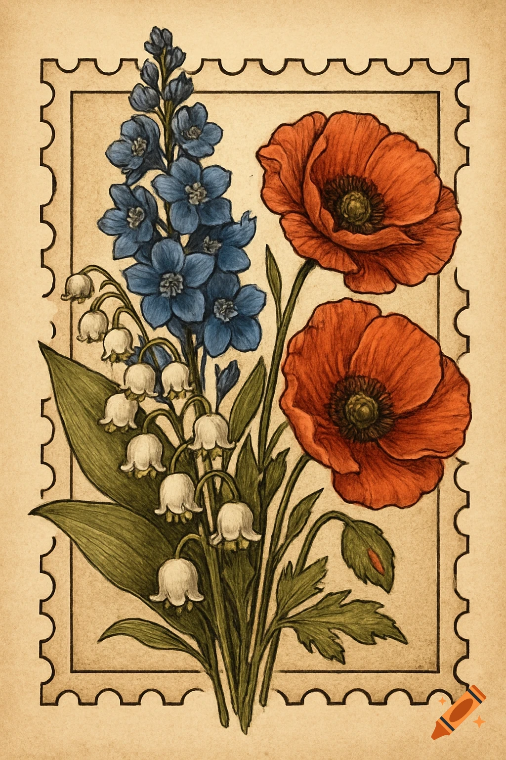 A vibrant illustration of a bouquet featuring red poppies, blue delphiniums, and white lily of the valley, framed within a vintage postage stamp border.