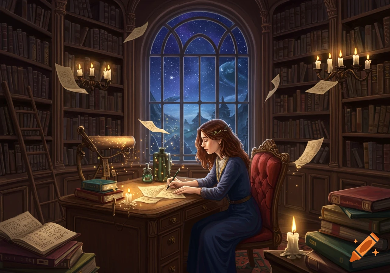 A young woman writes at a candlelit desk in a magical library, with towering bookshelves and a large arched window revealing a starlit night sky.