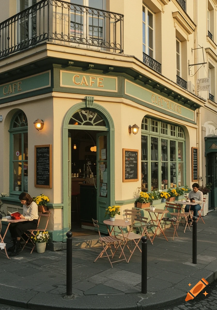 A charming Parisian cafe with light yellow walls and green trim, featuring outdoor seating. People are seated at small tables on the sidewalk, reading books.
