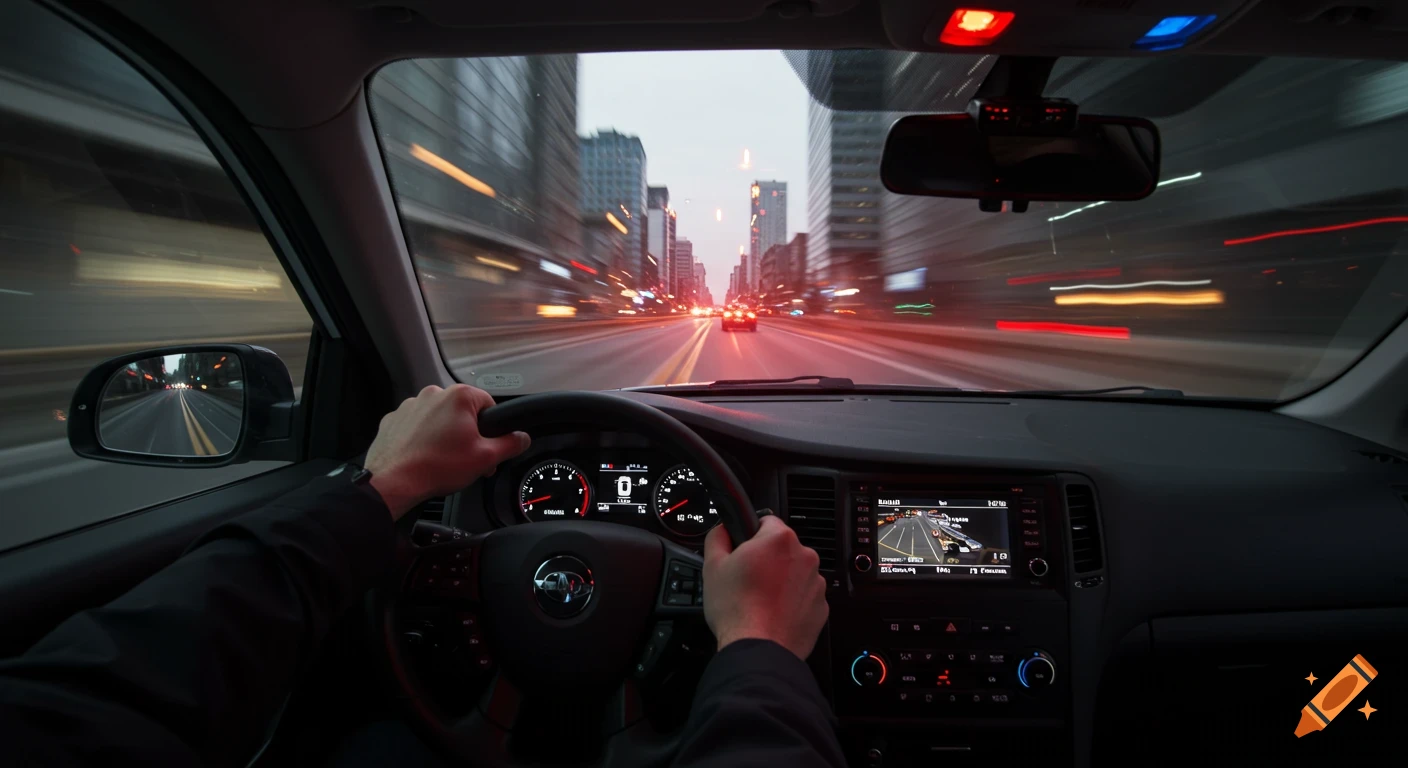 First-person view from inside a car speeding down a city street at dusk, with motion-blurred lights, a dashboard, and hands on the steering wheel.