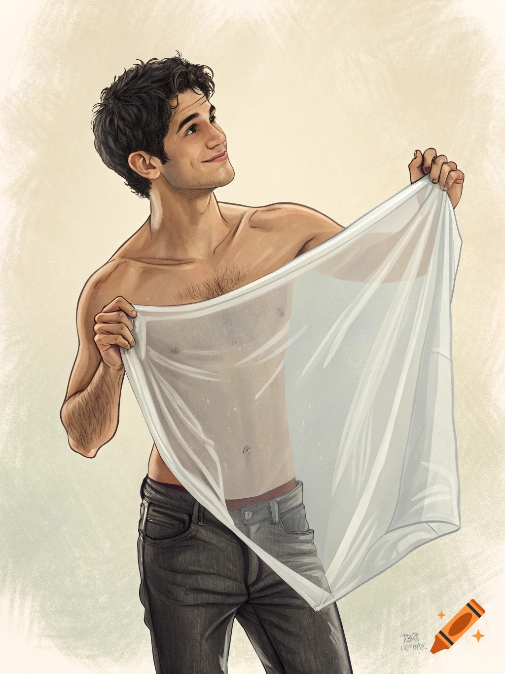 Illustrated young man resembling Tyler Posey, shirtless and smiling, holding a sheer white sheet in front of him.