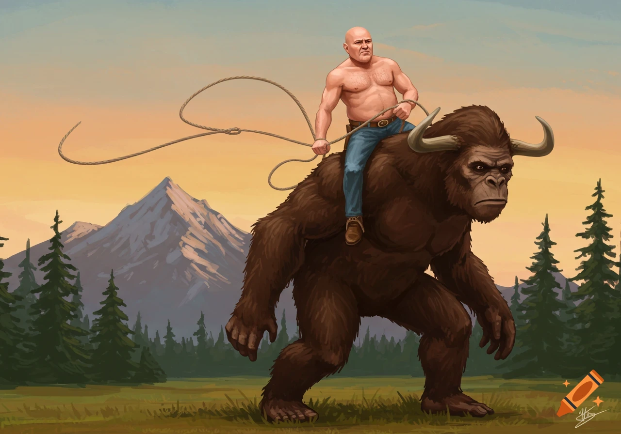 A bald, shirtless man in jeans rides a large, brown, horned Bigfoot, holding a lasso. They are in a grassy field with mountains and pine trees at sunset.