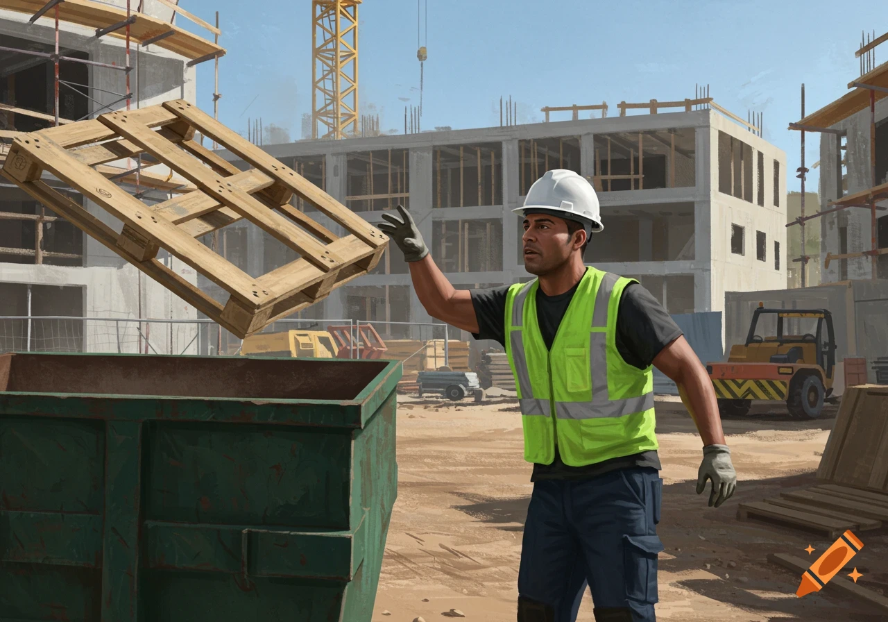 A construction worker in a white hard hat and green vest throws a wooden pallet into a green dumpster at an active construction site.