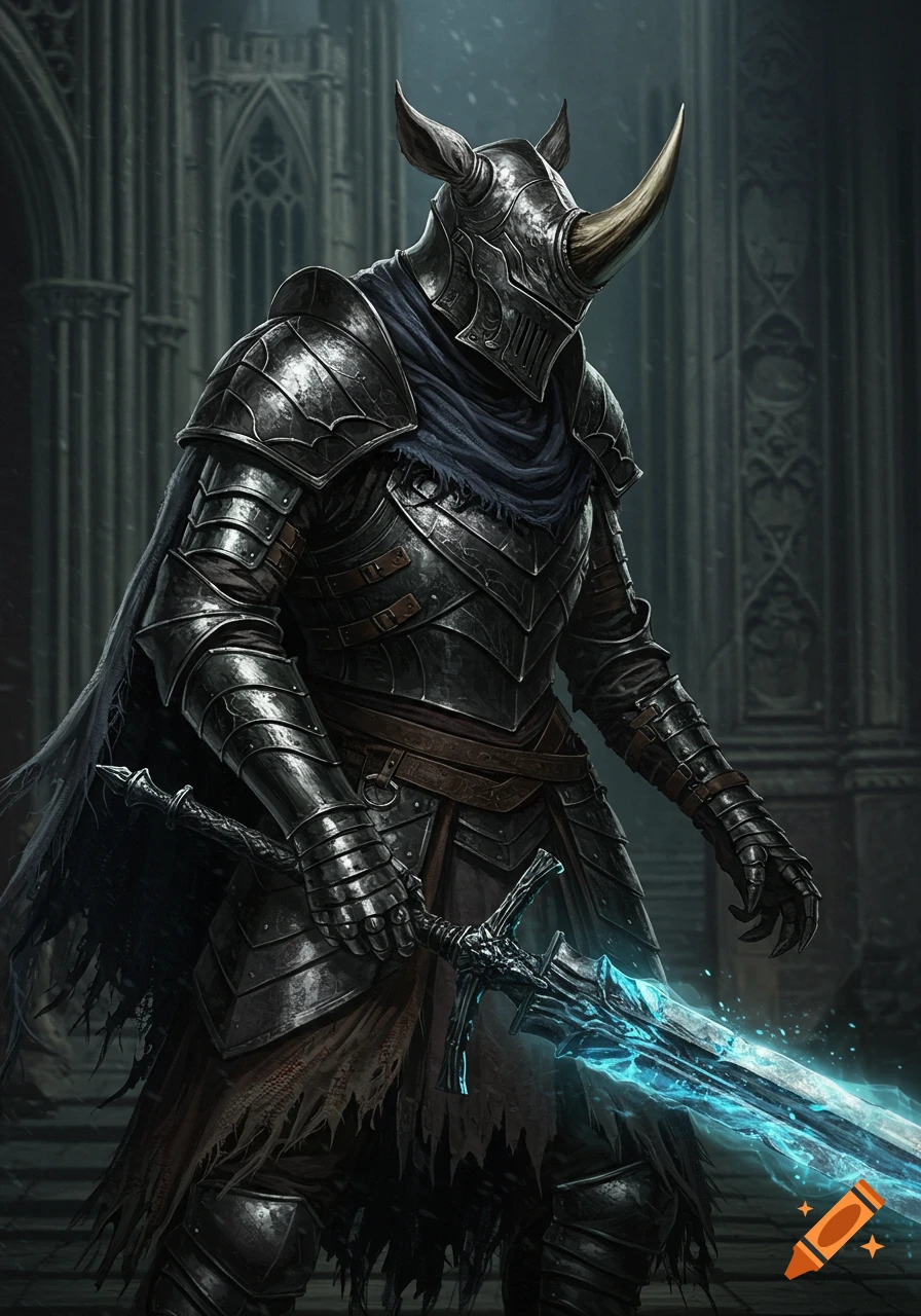 A dark fantasy armored knight with a rhino horn helmet stands in a gothic cathedral, holding a glowing blue sword.