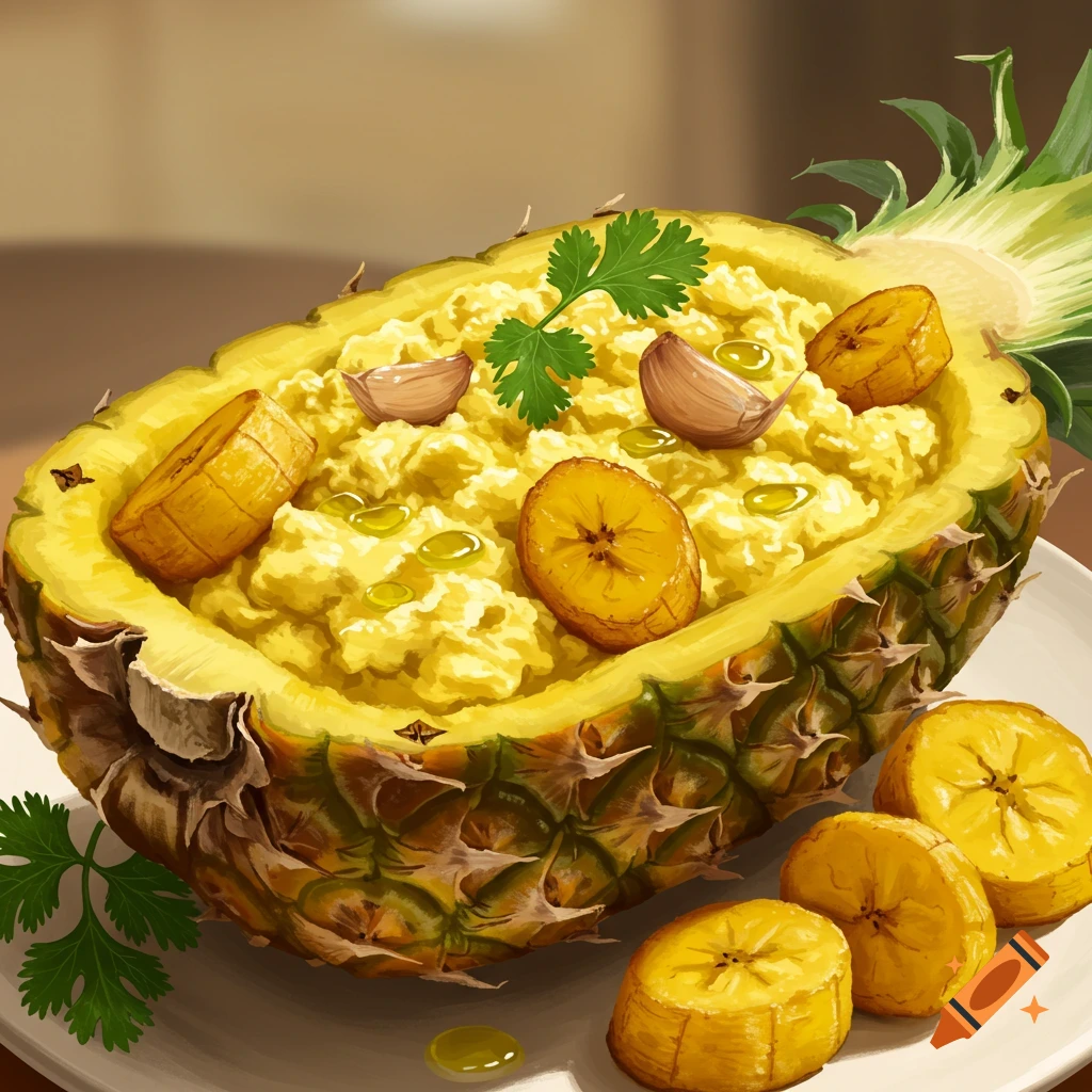 A colorful dish of yellow scrambled food, fried plantain slices, garlic cloves, and cilantro sprigs, served in a hollowed-out pineapple half, with olive oil drizzled on top.