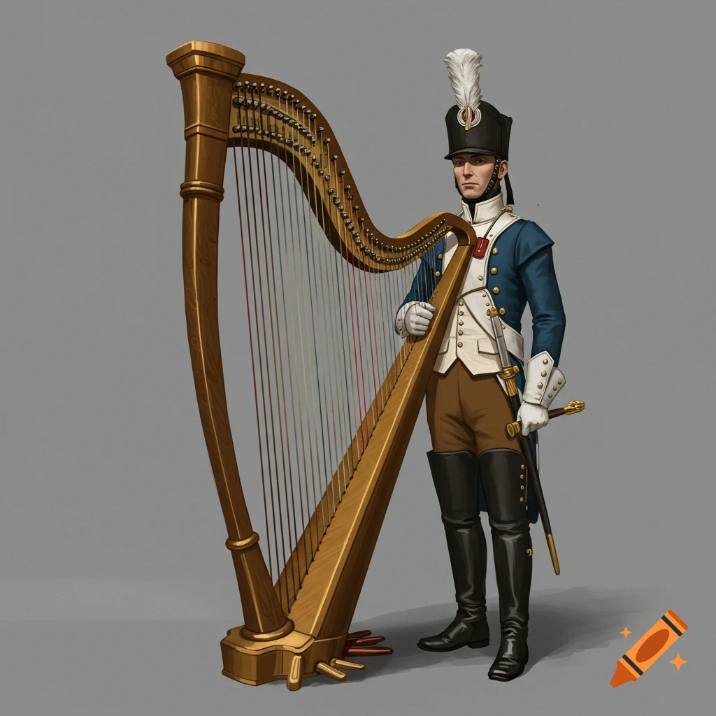 A man in a blue and white Napoleonic-era uniform stands next to a large golden harp.
