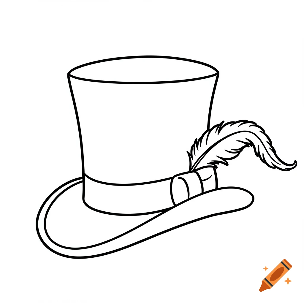 Black and white line drawing of a top hat with a feather.