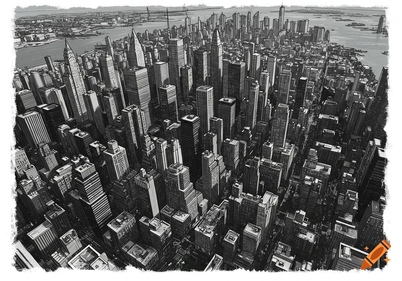 Aerial monochrome sketch of downtown New York City skyscrapers and buildings with water in the background.
