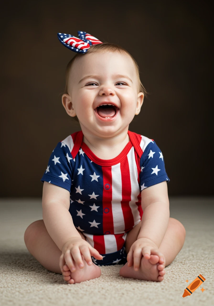 A cute, smiling baby wearing a red, white, and blue USA-themed outfit with stars and stripes, sitting and laughing joyfully. Photorealistic.