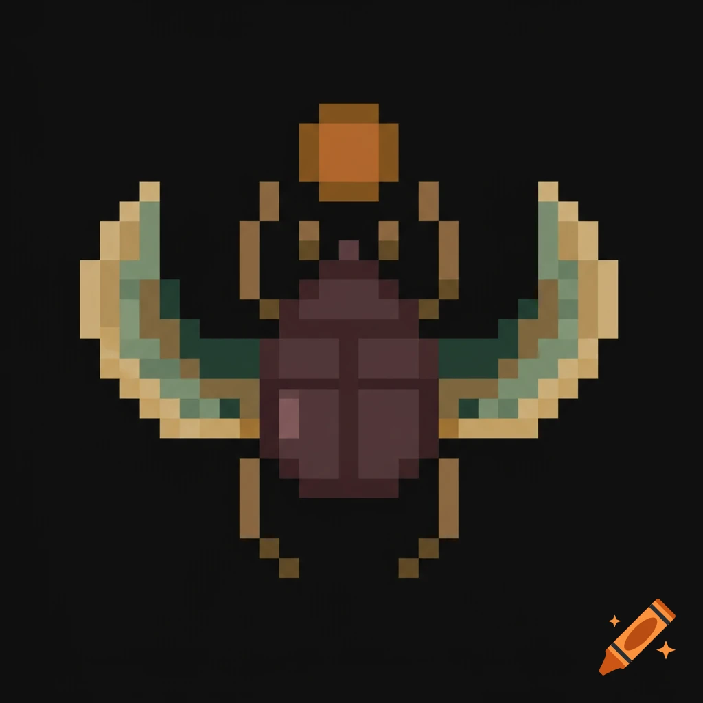 Pixel art depiction of an Egyptian scarab beetle with outstretched wings and a sun disk.