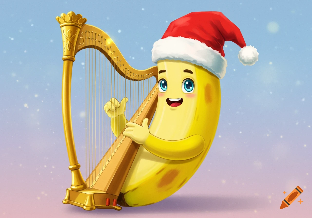 A cheerful cartoon banana wearing a red Santa hat plays a golden harp against a snowy blue background.