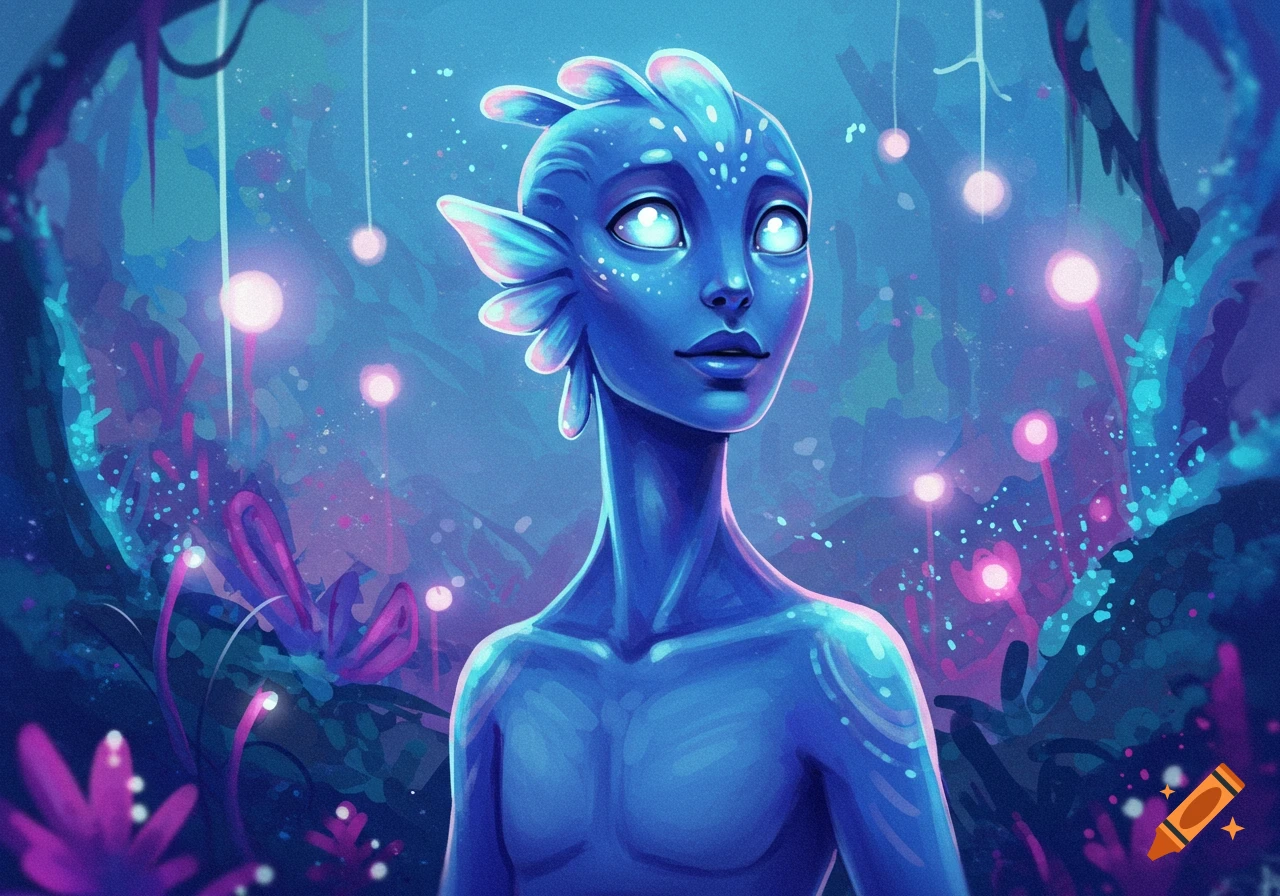 A blue humanoid creature with large luminous eyes and fin-like features, set in an ethereal glowing purple and blue forest. Digital painting.