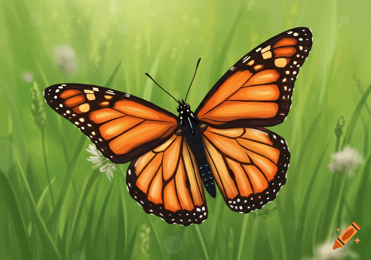 A detailed illustration of a monarch butterfly with orange and black wings, resting in green grass.