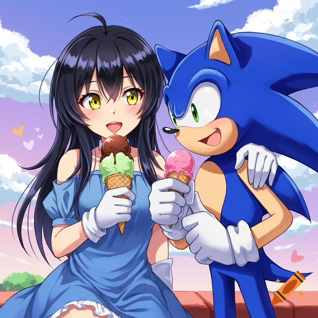 Sonic and an anime girl with black hair and yellow eyes eat ice cream under a cloudy sky in a bright cartoon style.