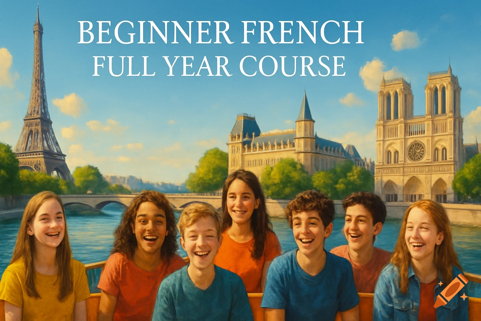 Cheerful teenagers on a riverboat in Paris with the Eiffel Tower and Notre Dame. Text: 'Beginner French Full Year Course'.