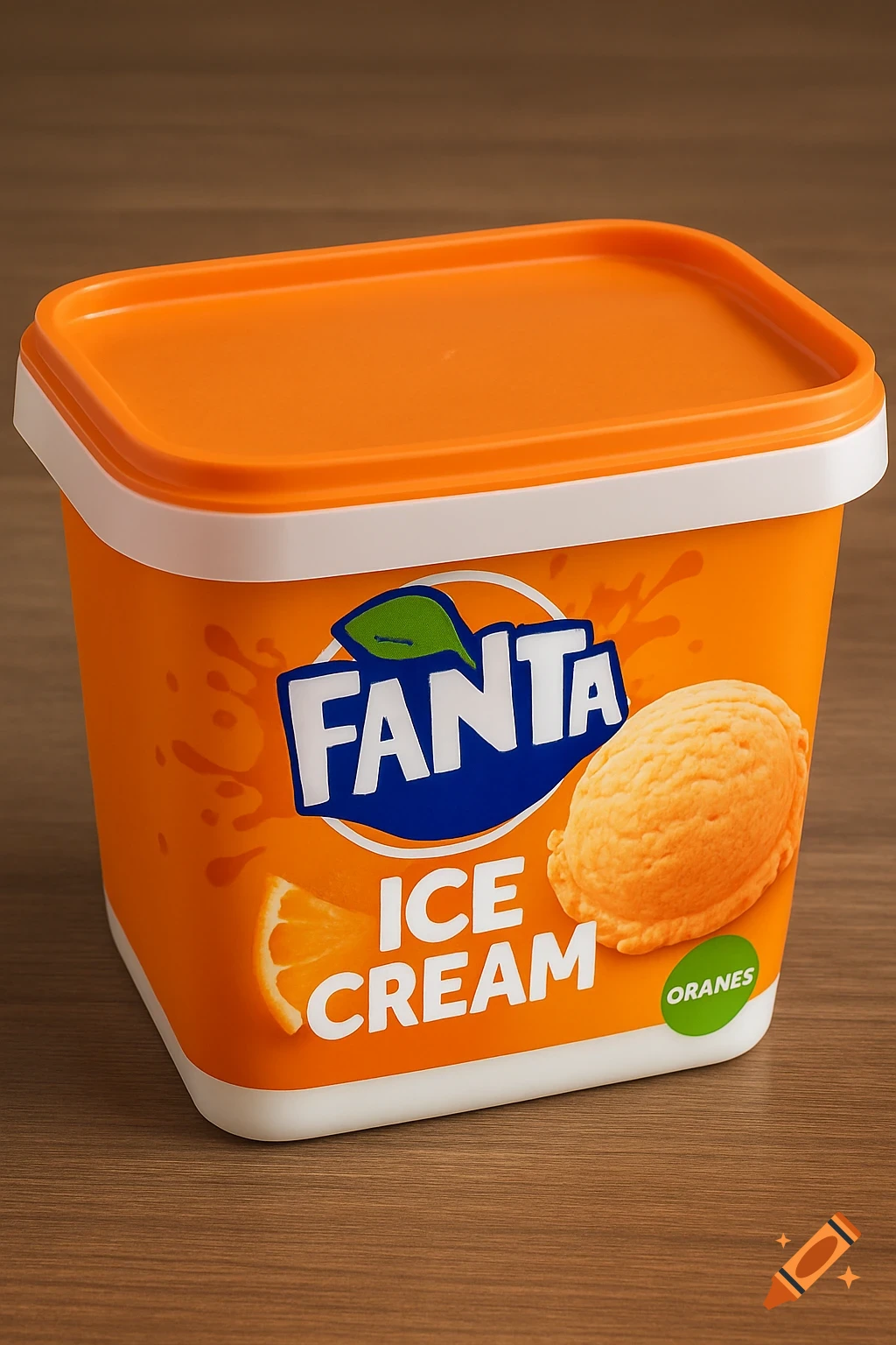 Photorealistic image of an orange Fanta ice cream container with a scoop of ice cream and an orange slice, on a wooden table.