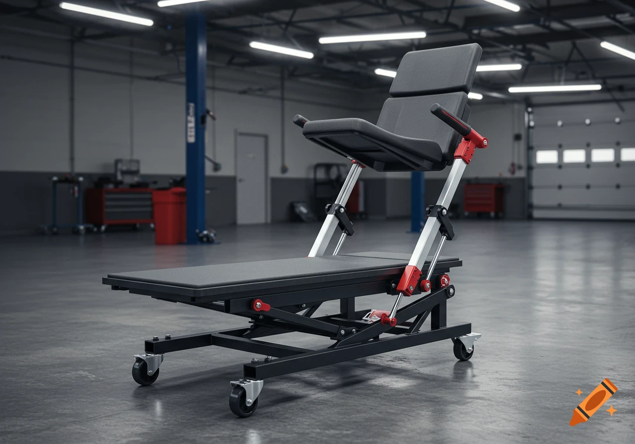 A hyper-realistic render of a height-adjustable mechanic's creeper with black frame and red accents in a clean garage.