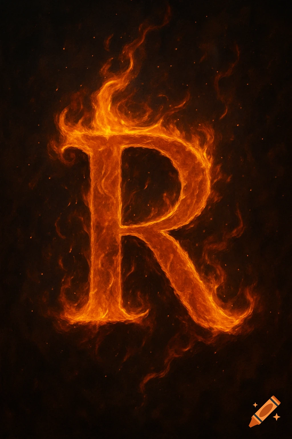 A stylized uppercase letter R engulfed in vibrant orange and yellow flames against a dark, smoky background with embers.