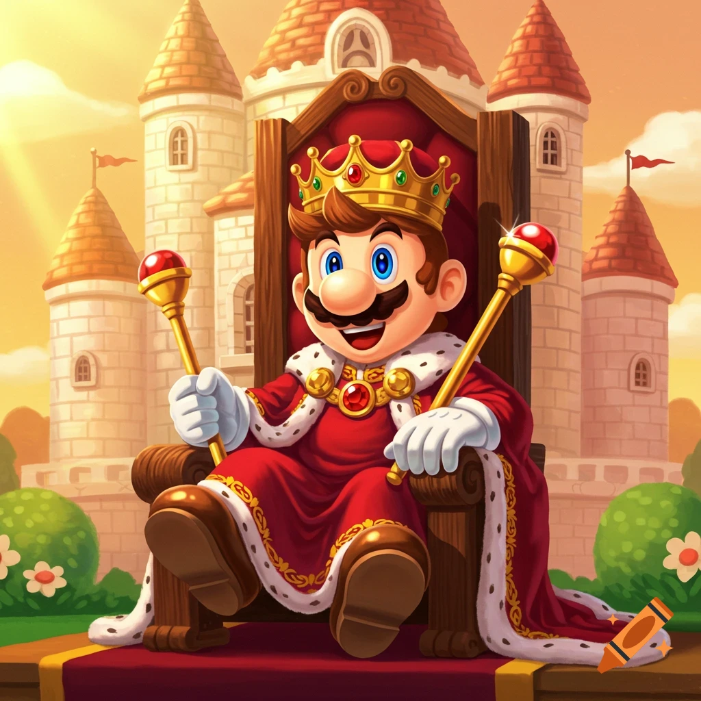 Cartoon illustration of King Mario on a throne, wearing a crown and red royal robes, holding two scepters, with a castle in the background.