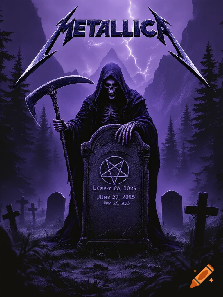 A dark purple concert poster features a skeletal Grim Reaper holding a scythe, standing behind a tombstone in a cemetery with a pentagram and tour dates. Metallica logo is at the top with lightning.