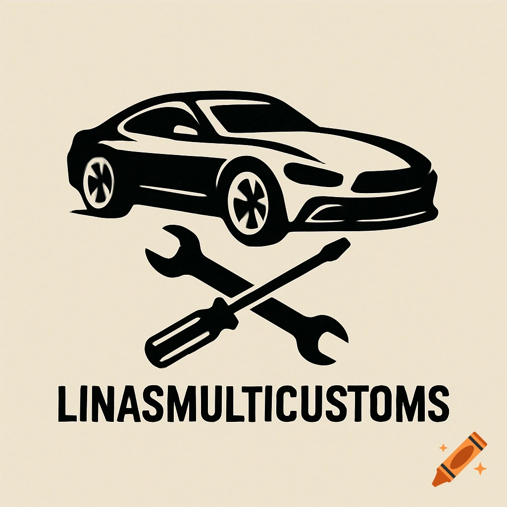 A black and white logo featuring a stylized car above crossed wrench and screwdriver, with 'LINASMULTICUSTOMS' text below.
