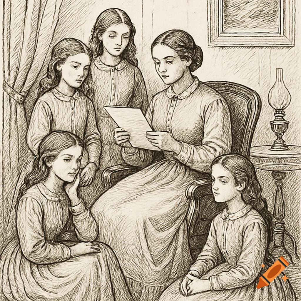 Monochrome sketch of a woman in 1860s attire reading a letter to four girls gathered around her in a parlor.