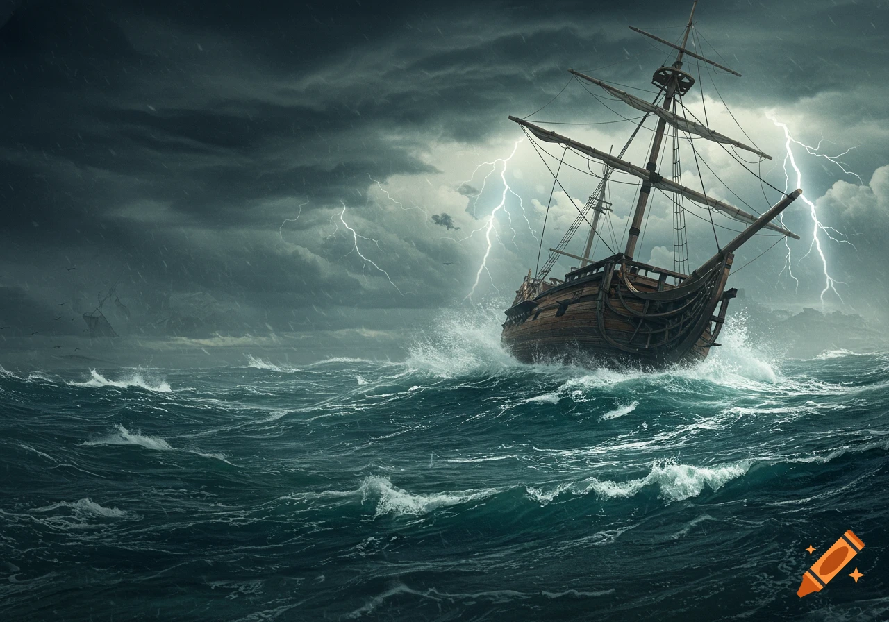 A large sailing ship battles enormous waves in a dark, stormy sea with lightning striking in the background.