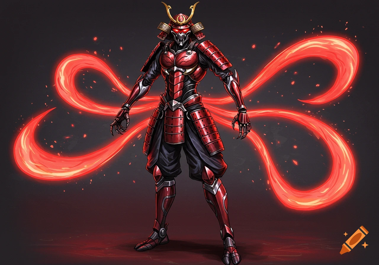A formidable futuristic samurai in red and black segmented armor with a golden crest, glowing red eyes, and swirling red energy ribbons.