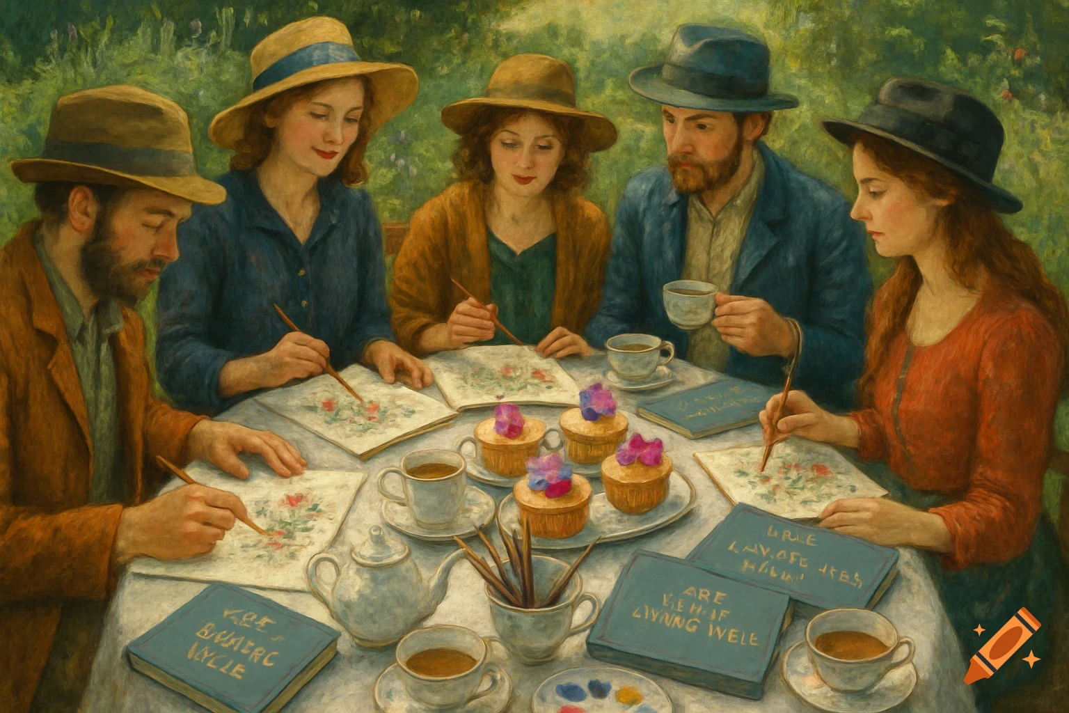 Five artists in hats paint wildflowers around a table with teacups, teapot, and cupcakes in a lush garden, in a painterly style.