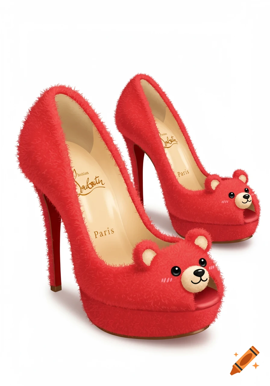 A pair of red fuzzy high heel shoes with cute teddy bear faces on the toes, against a white background.