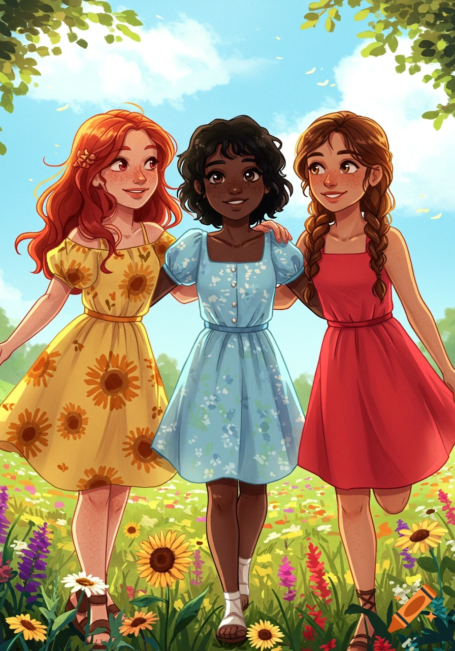 Three smiling young women in dresses standing arm-in-arm in a vibrant, sunny flower field in an illustration style.