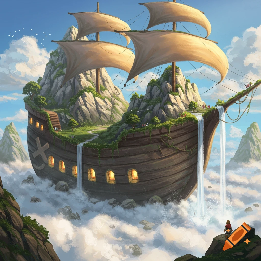 A majestic fantastical ship made of mountains floats among clouds with waterfalls cascading off its bow, watched by a small figure.