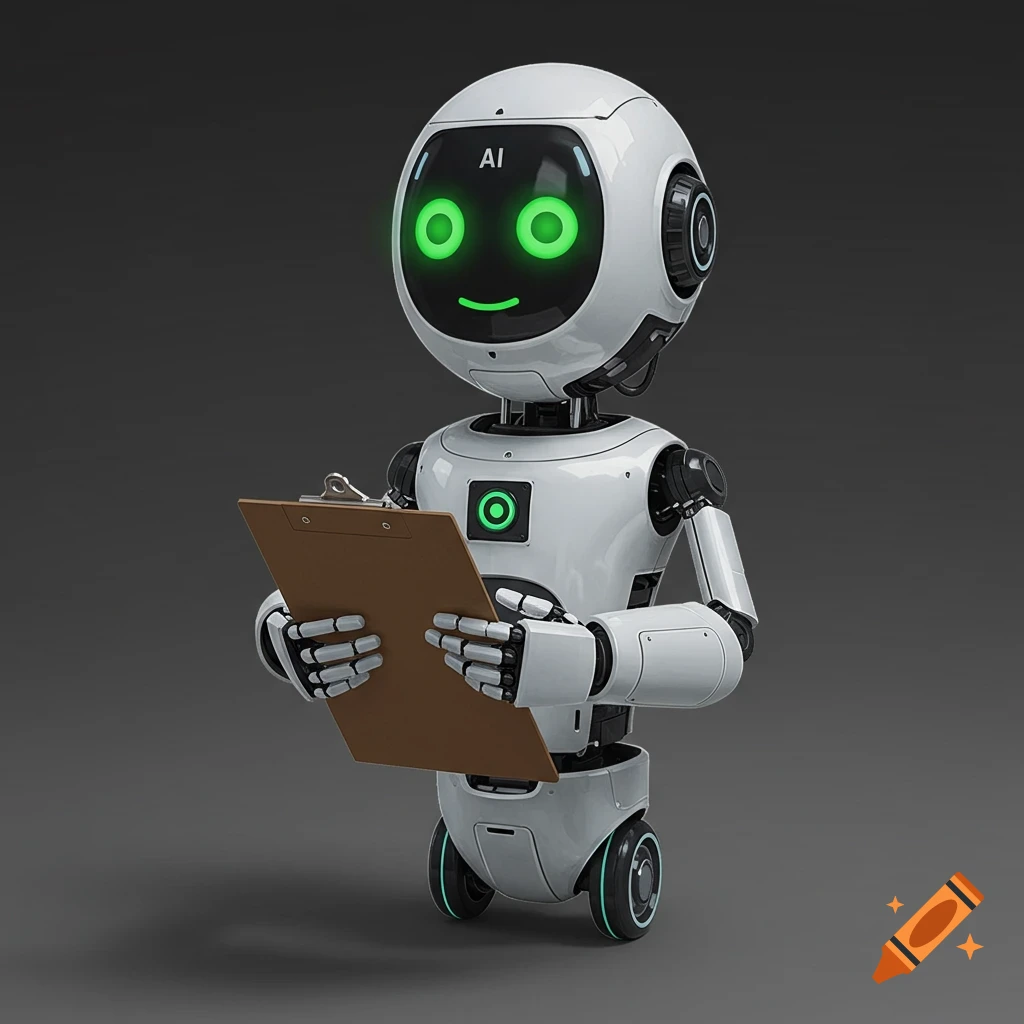 A white ai robot with glowing green eyes and a smile holds a clipboard