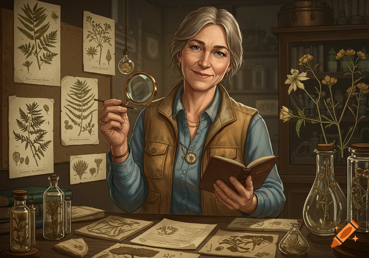 A smiling older woman, a paleoethnobotanist, holds a magnifying glass and a book amidst botanical illustrations and samples in her study.
