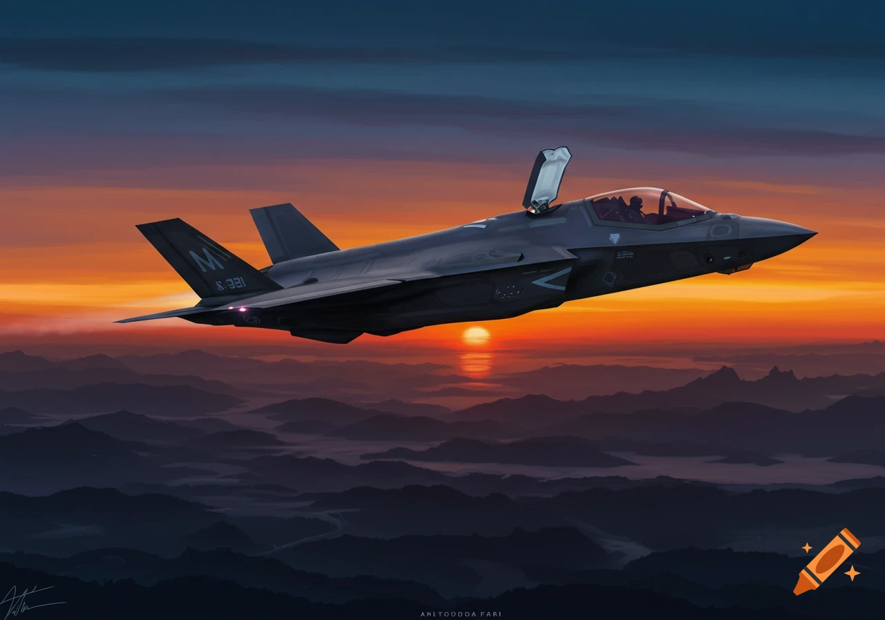 An F-35 fighter jet flies through a twilight sky with the sun setting over a mountain range, cockpit open.