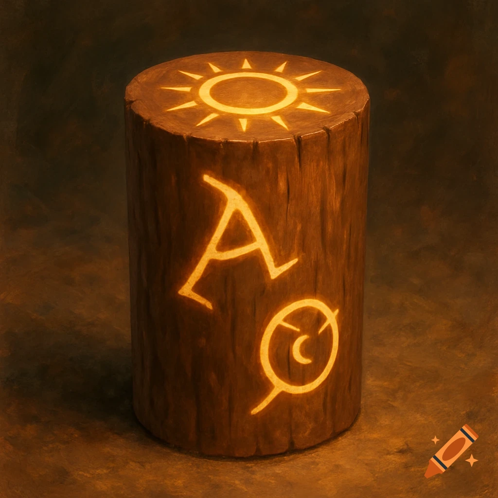A rustic wooden cylinder with a glowing sun symbol on top and two glowing magical symbols carved into its side.