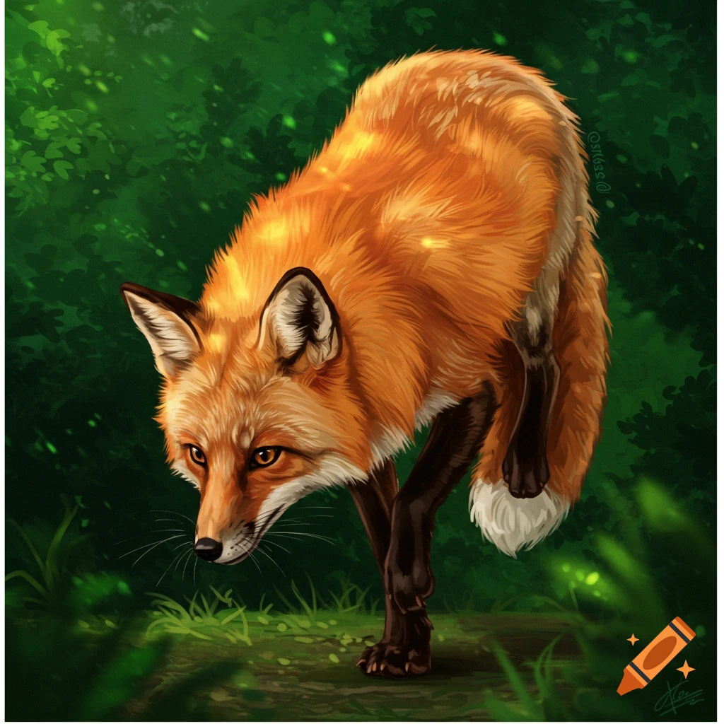 A digitally painted red fox with bright orange fur crouches low in a lush green forest, looking intently forward.