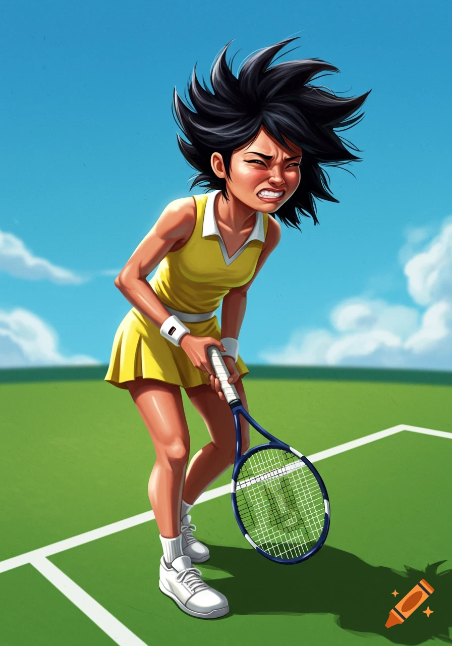 A frustrated young cartoon tennis player in a yellow dress stands on a green court holding a racket under a blue sky.
