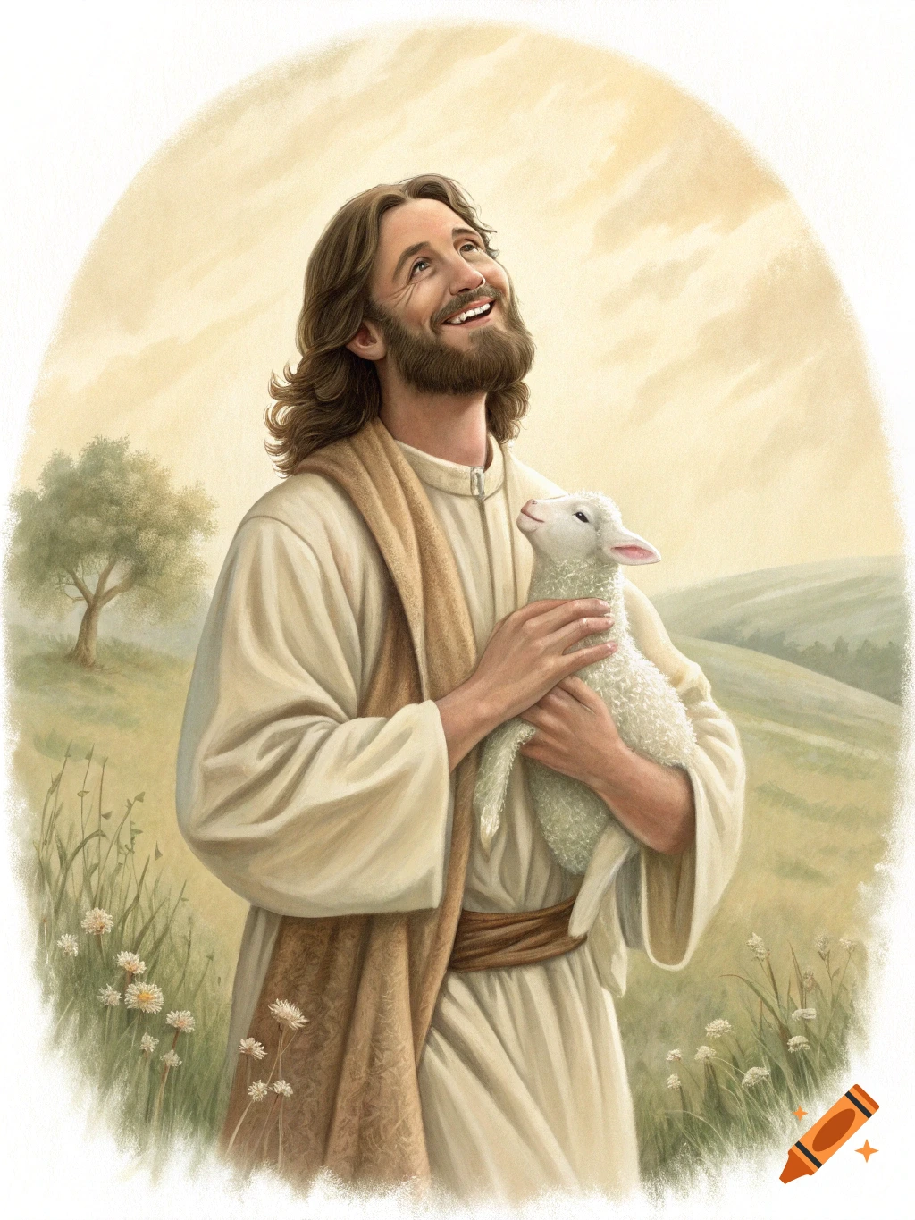 Watercolor illustration of Jesus, with a beard and flowing robe, smiling and looking up while holding a small white lamb in a pastoral field.