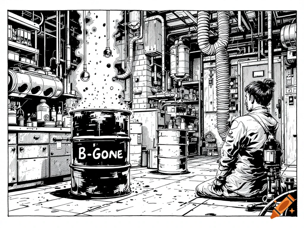 A black and white comic book style illustration shows a person kneeling in a science lab, looking at a smoking barrel labeled 'B-GONE'.