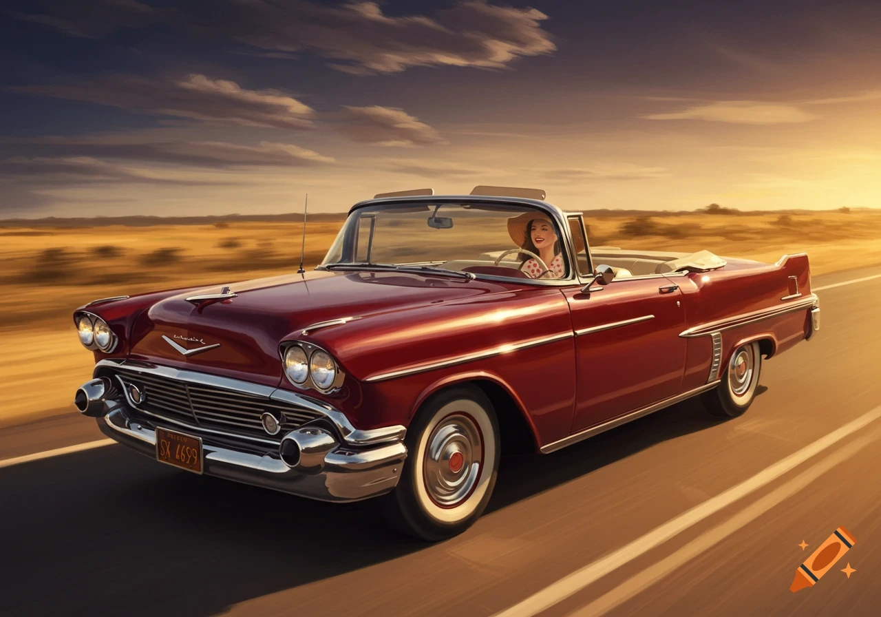 A woman in a red vintage convertible drives down a desert road at sunset.