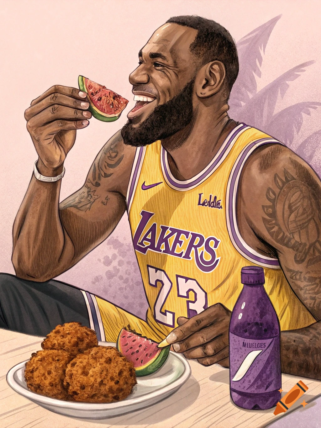 Stylized illustration of Lebron James smiling, in a Lakers jersey, eating watermelon with fried chicken and a purple drink nearby.
